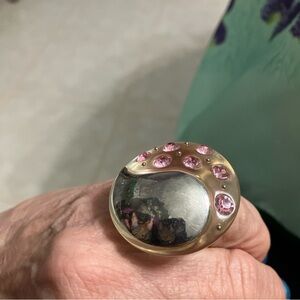 Ring vintage Lucite Pink Silver Tone Crystal Rhinestones huge chunky Sz 7.5